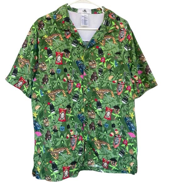 Disney Parks Men Tiki Room Hawaiian Button Up Shirt Medium Green AOP Trader Sams - Picture 1 of 11